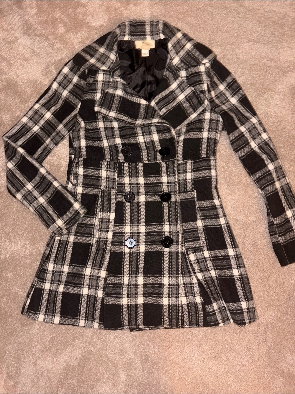 Forever 21 Black and White Plaid Pea Coat